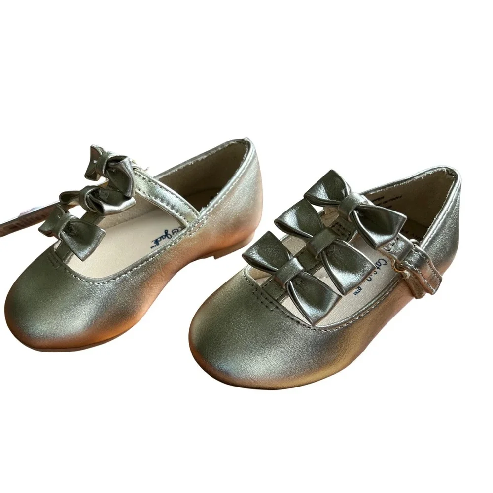 Cat & Jack Toddler Girls Gold‎ Metallic Triple Bow Mary Jane Shoes Size 6 NEW